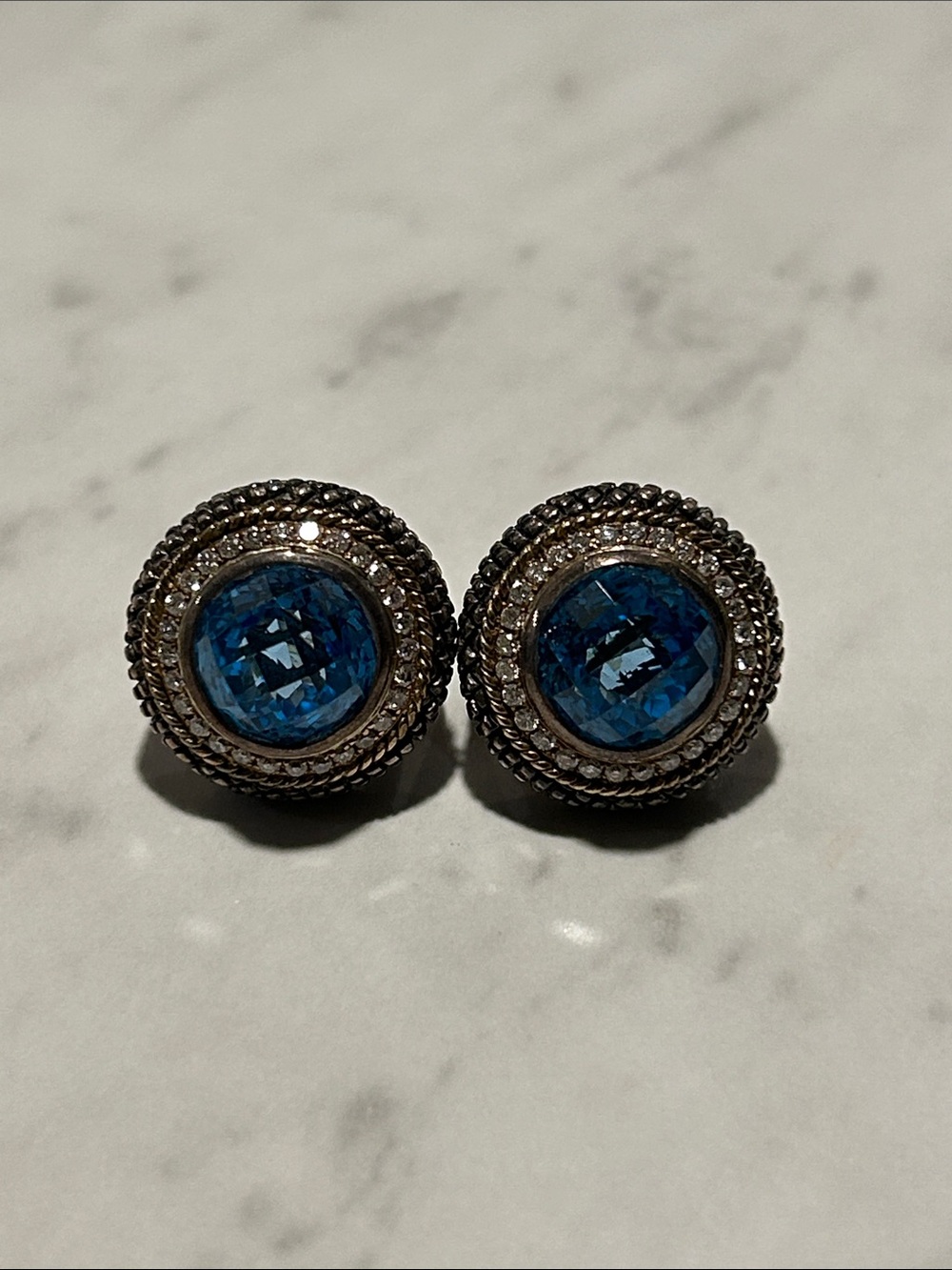 Blue Crystal Round Stud Earrings - Silver-Tone